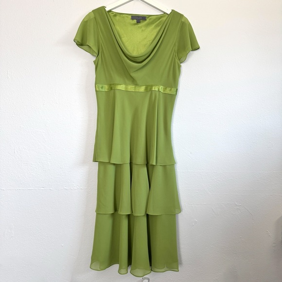 Dresses & Skirts - Vintage Y2K Green Chiffon Tiered Midi Dress Prom Cowl Neck Fairy Romantic